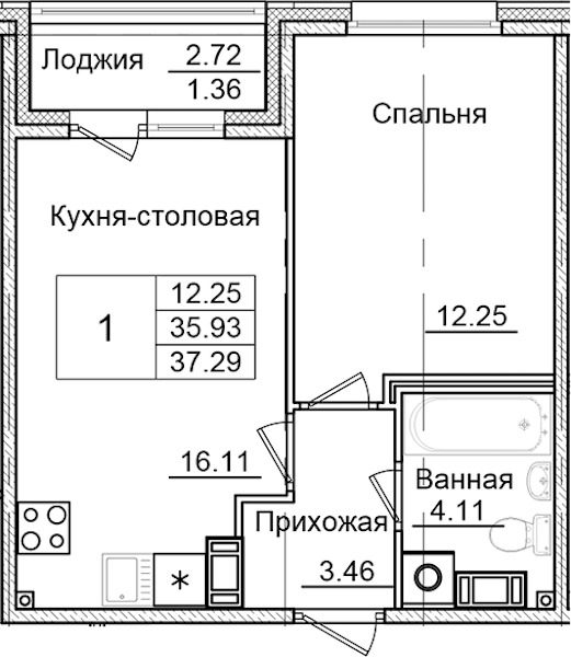1-комнатная квартира 37.29 м², 2/9 эт., ЖК «Квартал Заречье»